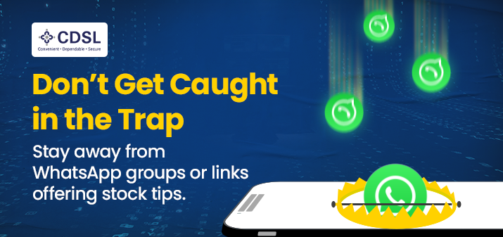A warning message in large text: 'Don't get caught in the trap.' Advises viewers to stay away from WhatsApp groups that share links and stock tips.